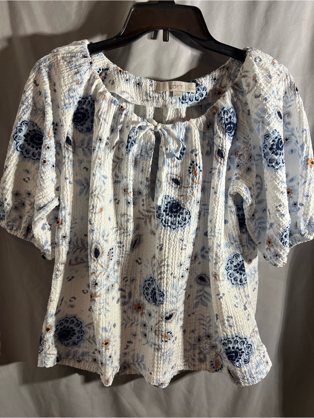 LOFT White Floral Peasant Blouse with Blue and Tan Accents